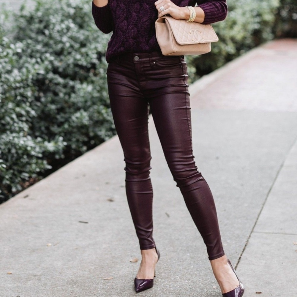 Karl Lagerfeld Paris faux leather burgundy skinny jeans.